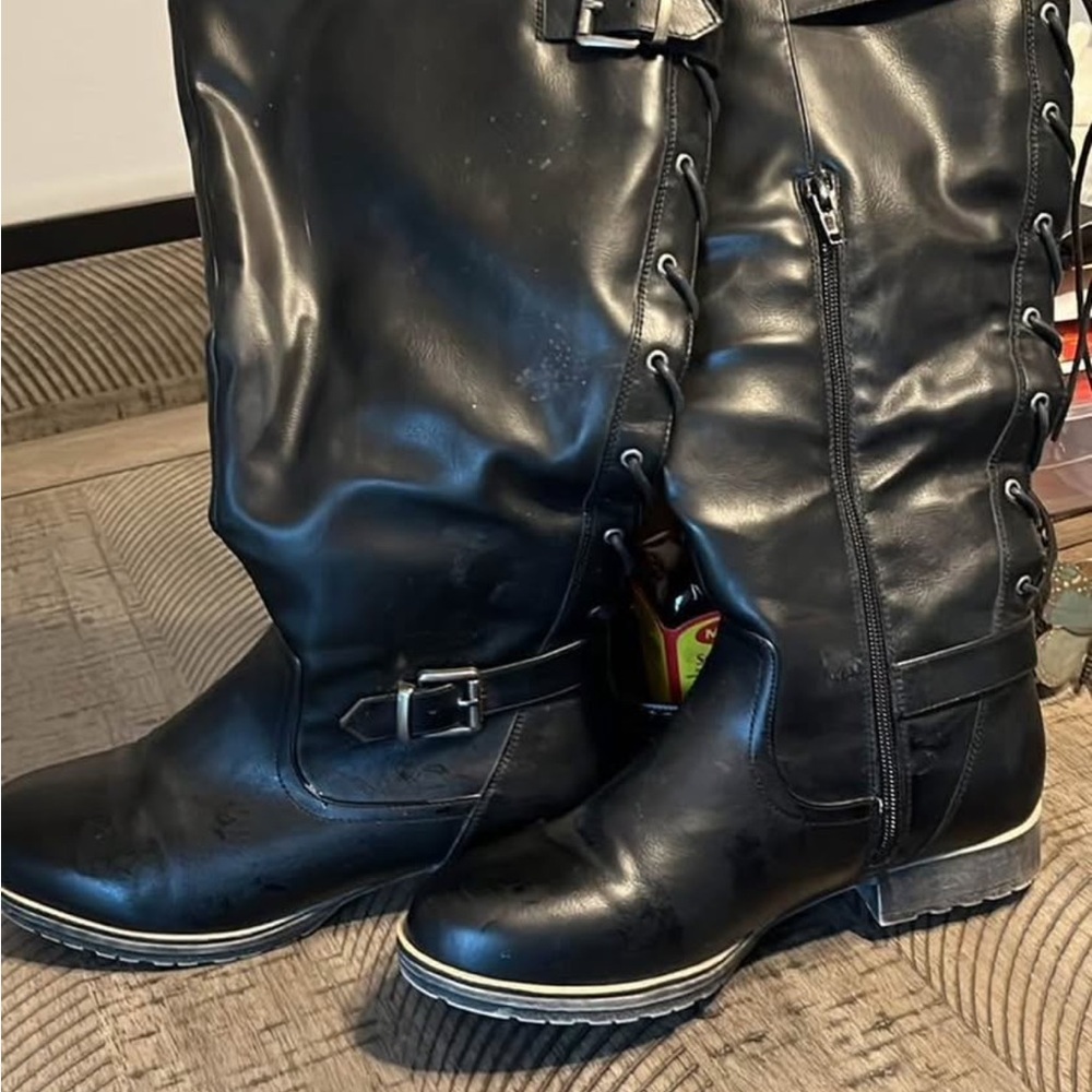 JustFab Black Moto Boots with Tie up back Detail and front buckle Worn once